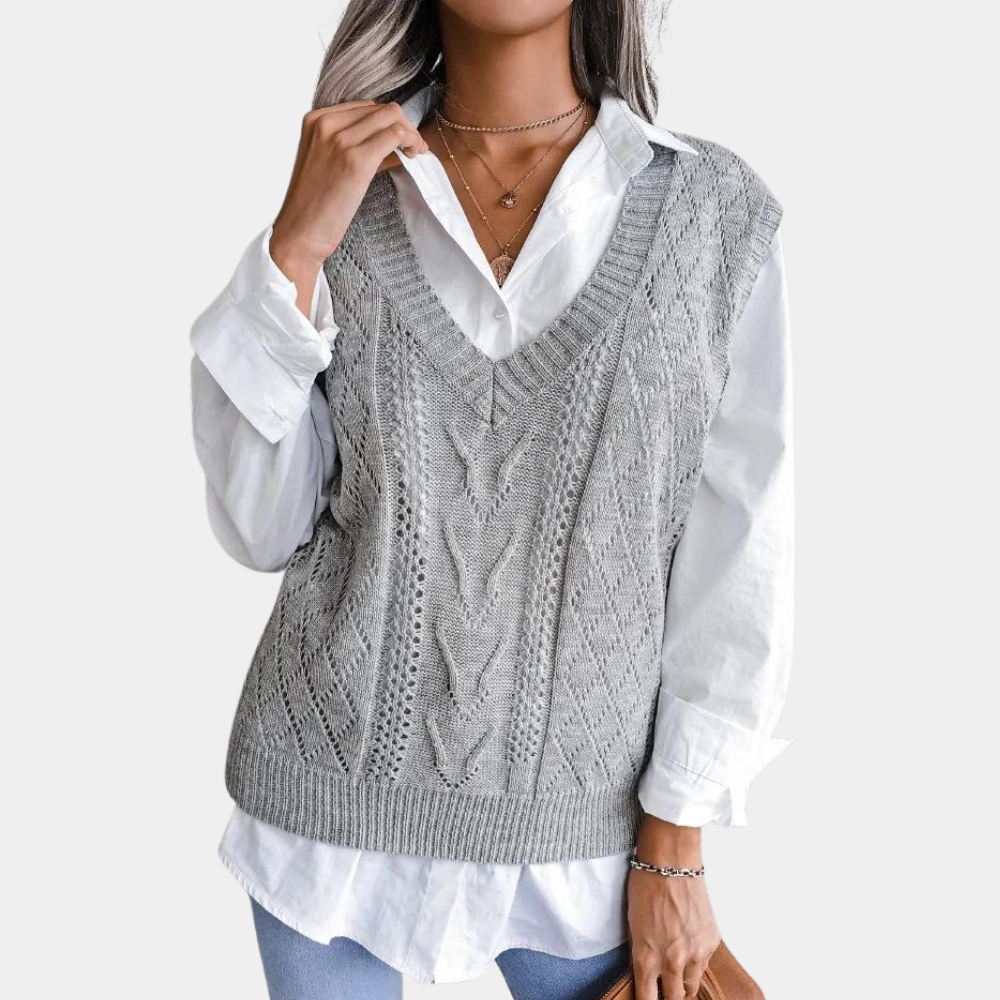 Women’s Openwork Sweater Vest with Ribbed V Neck and Relaxed Fit