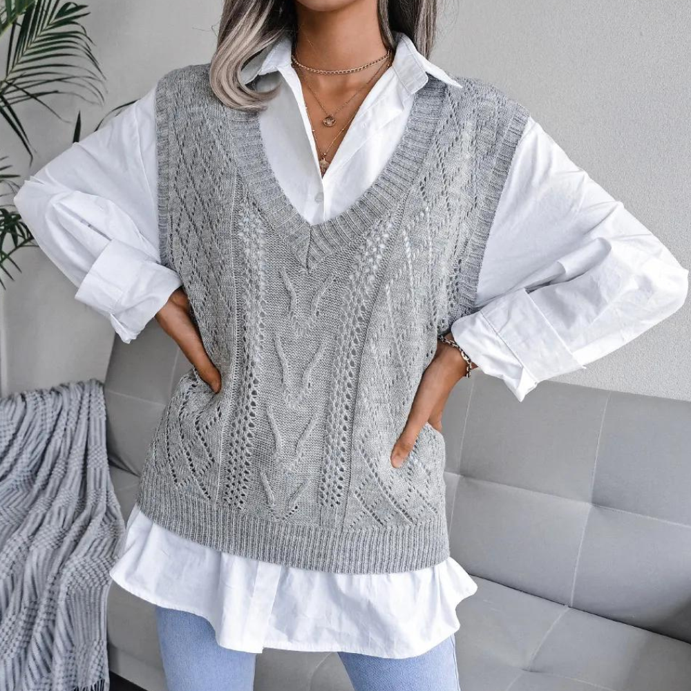 Women’s Openwork Sweater Vest with Ribbed V Neck and Relaxed Fit