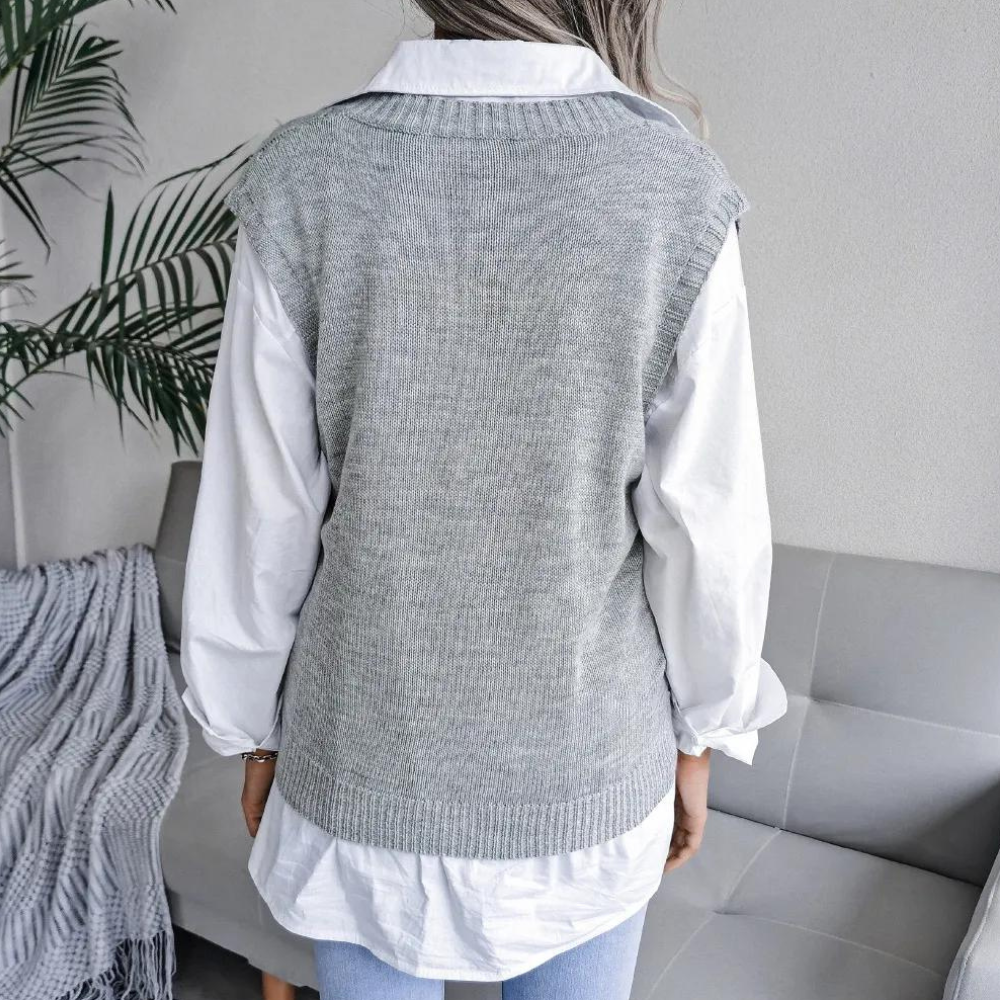 Women’s Openwork Sweater Vest with Ribbed V Neck and Relaxed Fit