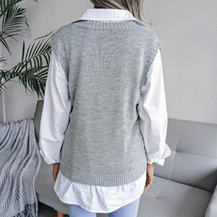 Women’s Openwork Sweater Vest with Ribbed V Neck and Relaxed Fit