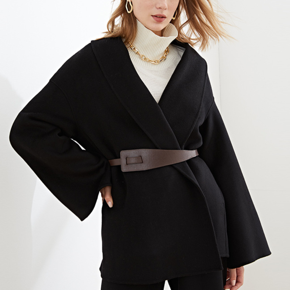 Charlotte | Women's Belted Coat Wide Lapel Collar Open Front