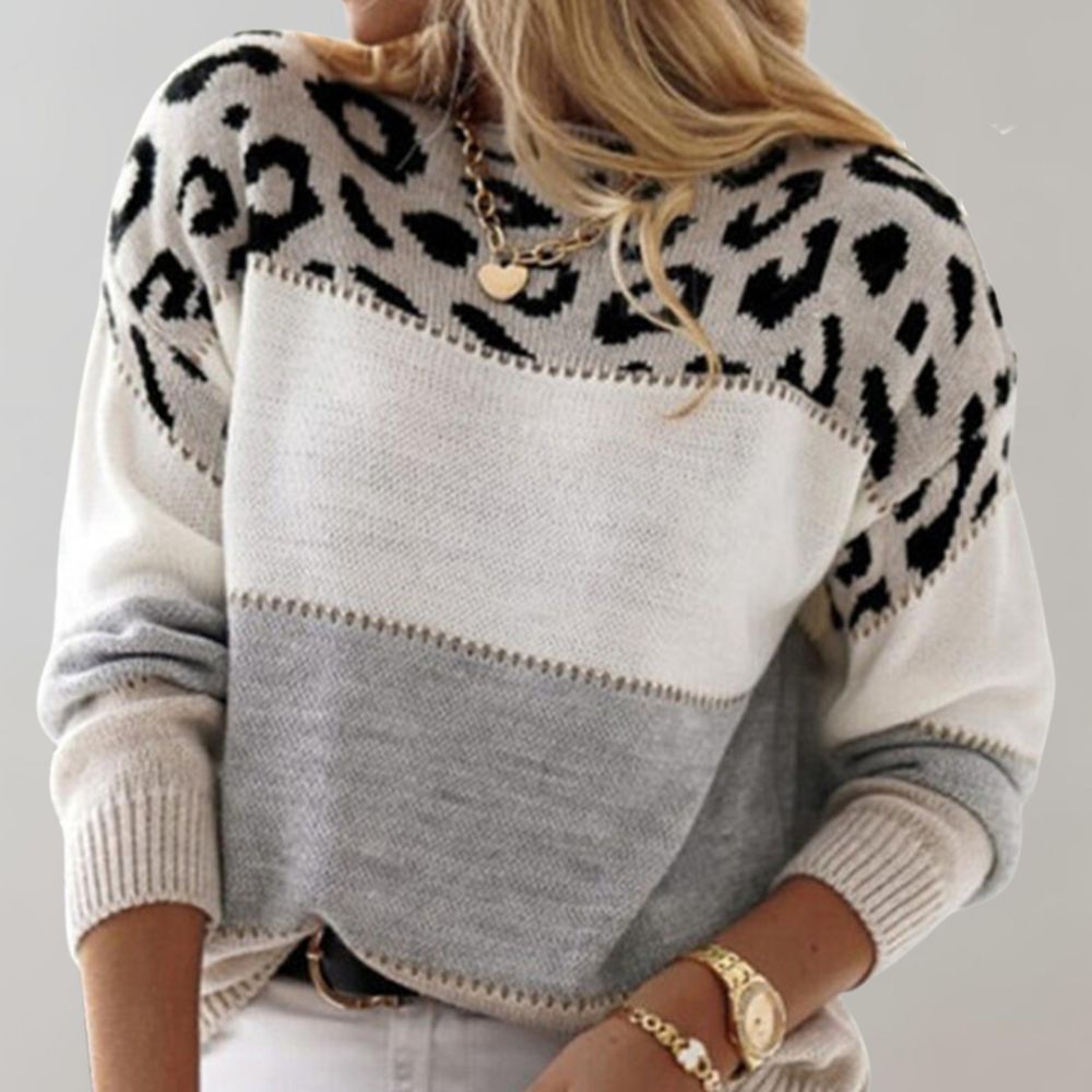Viola | Women's Colour-Block Knitted Jumper Leopard Print