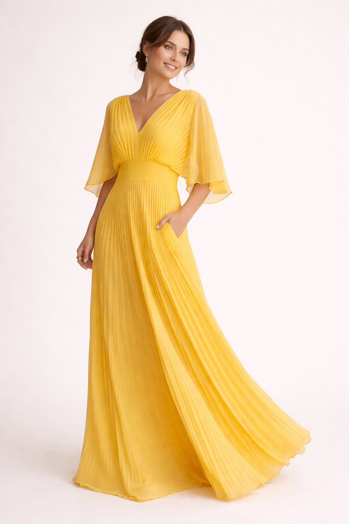 Peggy | Women's Pleated Maxi Dress V-Neck Wide Sleeves Defined Waist