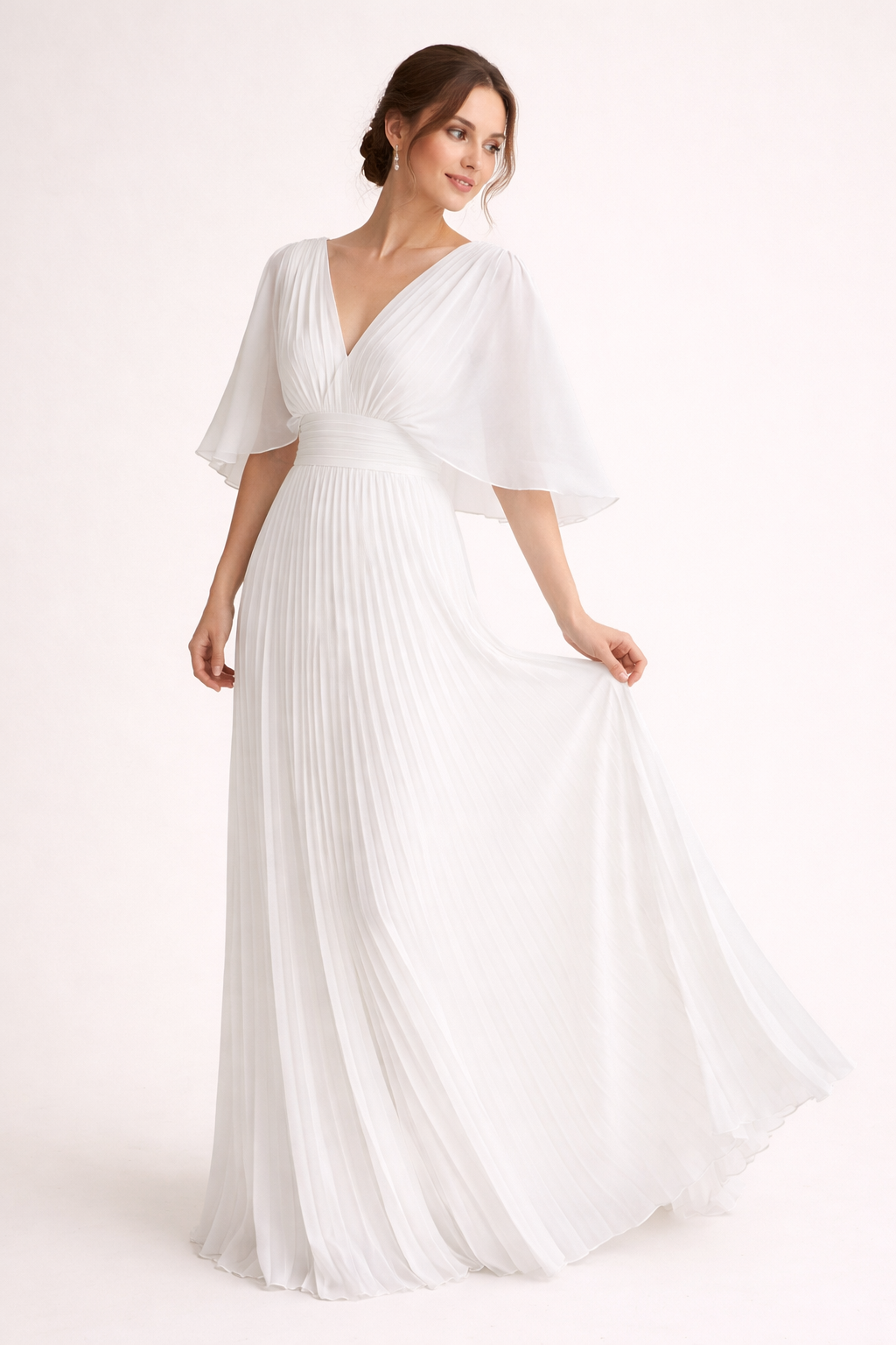 Peggy | Women's Pleated Maxi Dress V-Neck Wide Sleeves Defined Waist