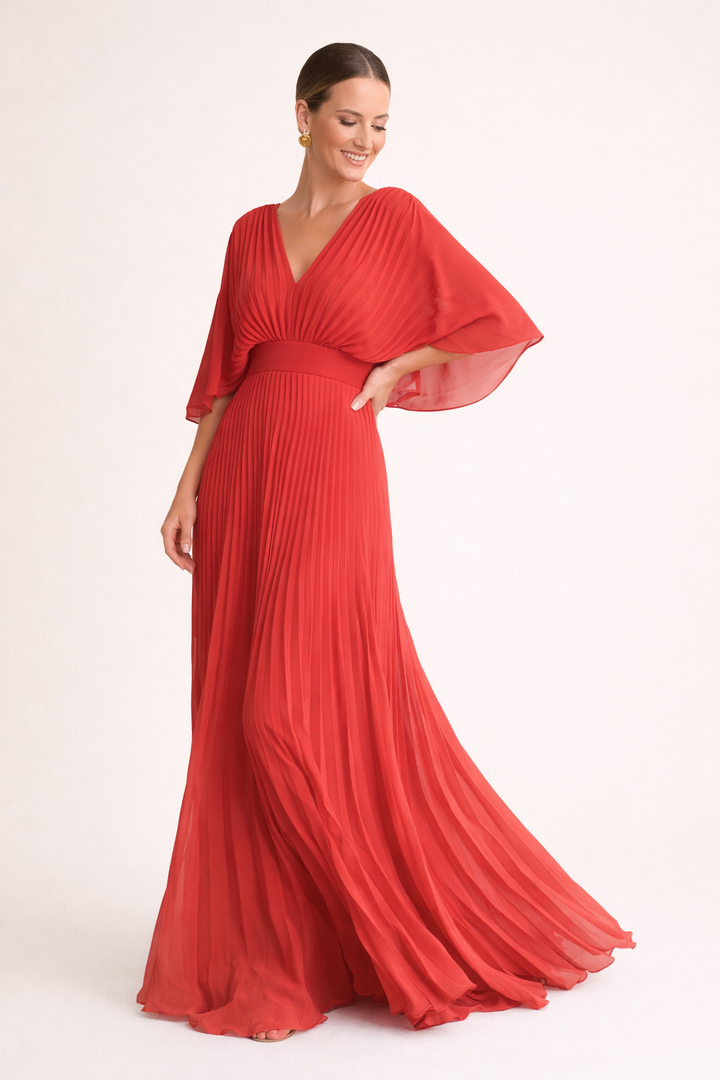 Peggy | Women's Pleated Maxi Dress V-Neck Wide Sleeves Defined Waist