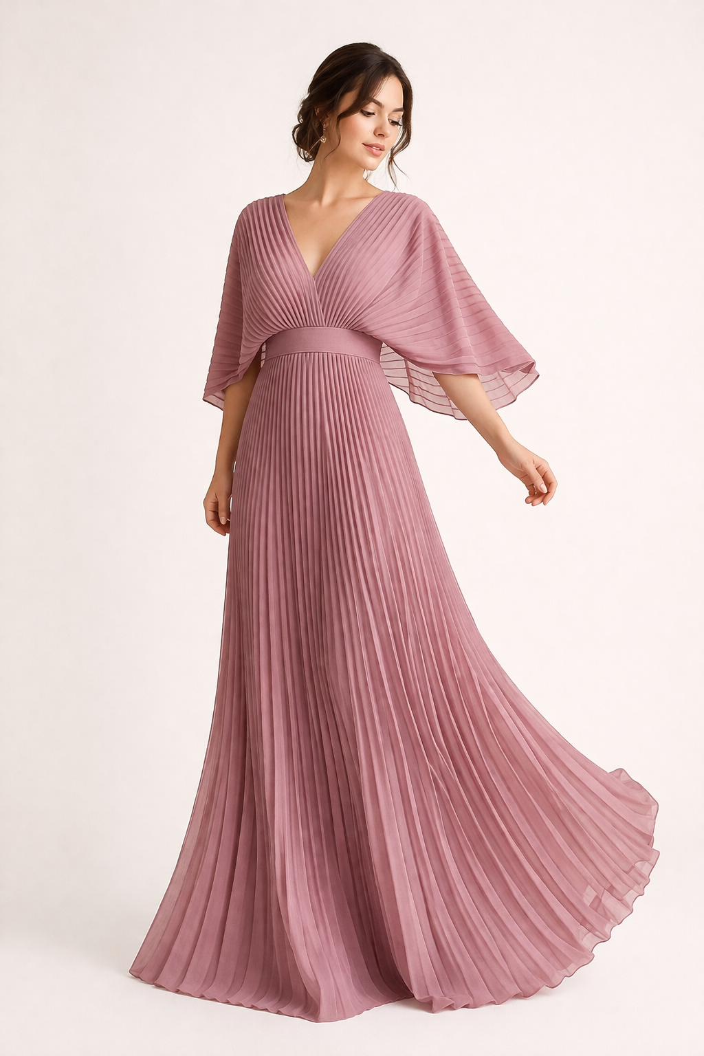 Peggy | Women's Pleated Maxi Dress V-Neck Wide Sleeves Defined Waist