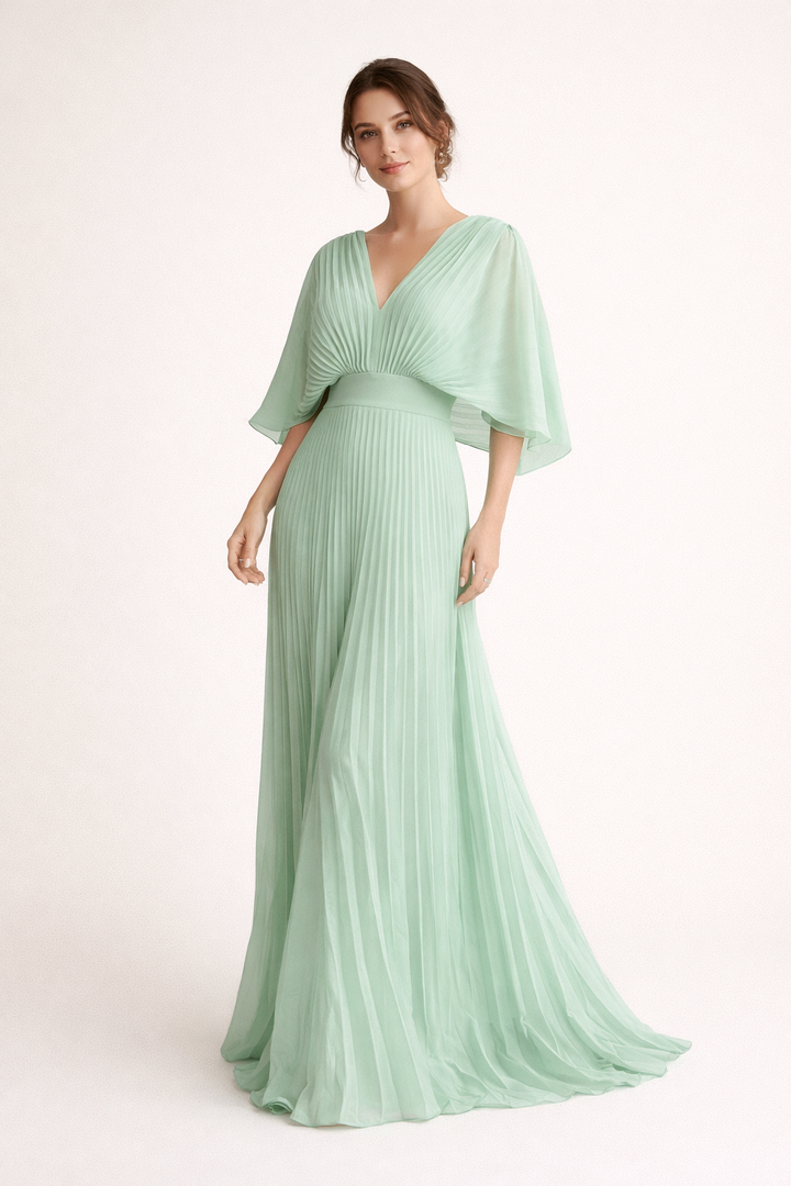 Peggy | Women's Pleated Maxi Dress V-Neck Wide Sleeves Defined Waist
