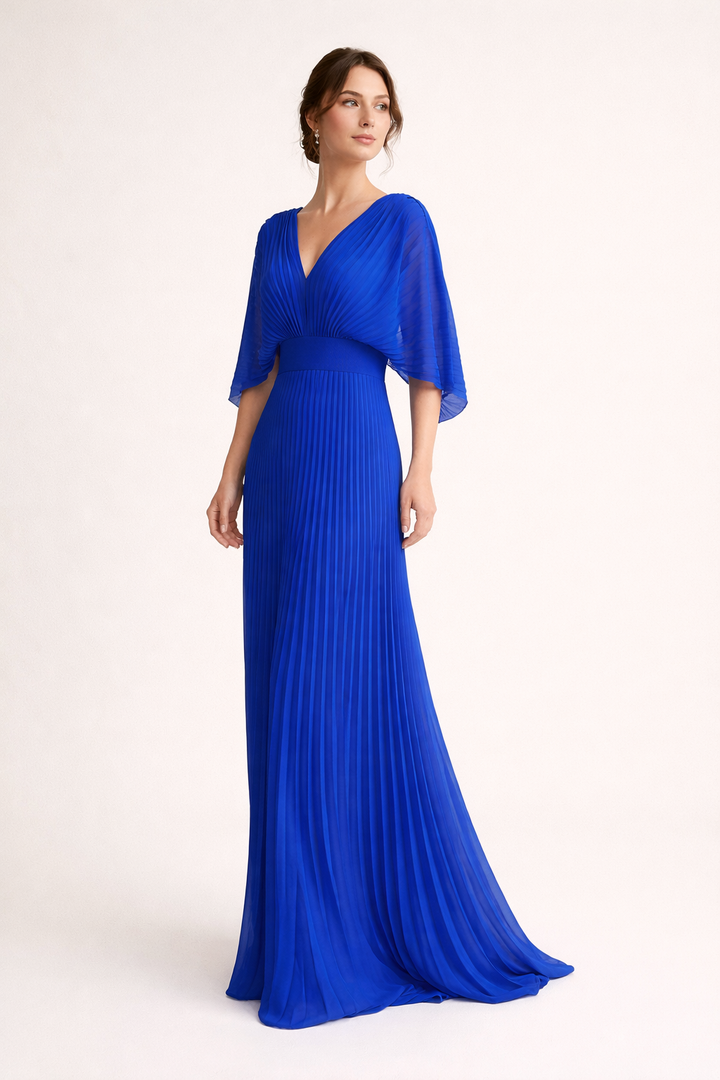 Peggy | Women's Pleated Maxi Dress V-Neck Wide Sleeves Defined Waist