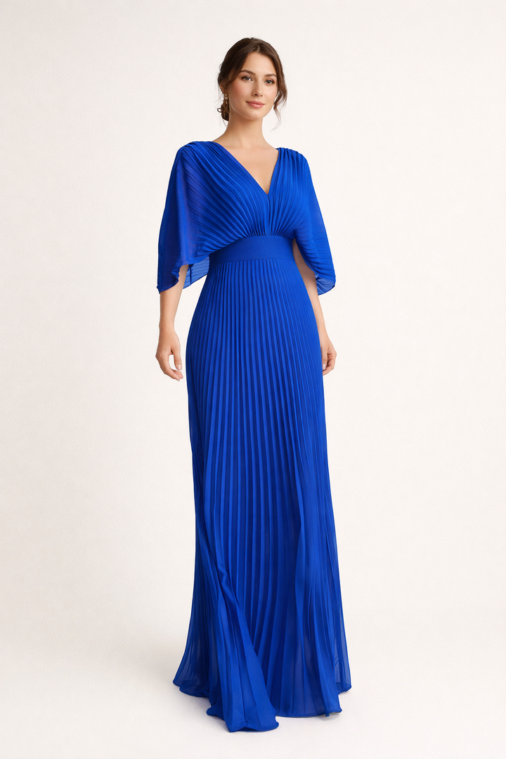 Peggy | Women's Pleated Maxi Dress V-Neck Wide Sleeves Defined Waist