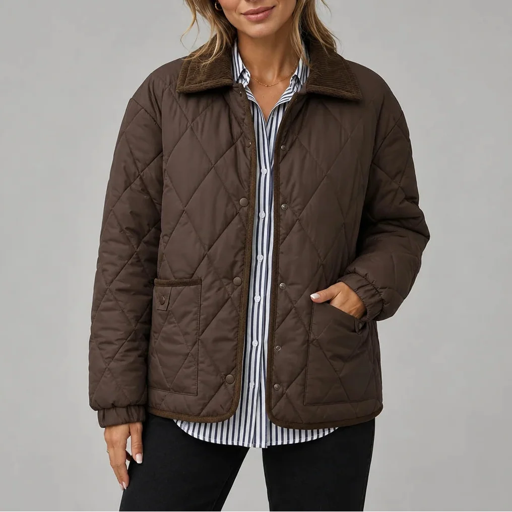 Holly | Women's Diamond Quilted Jacket Corduroy Collar Pockets