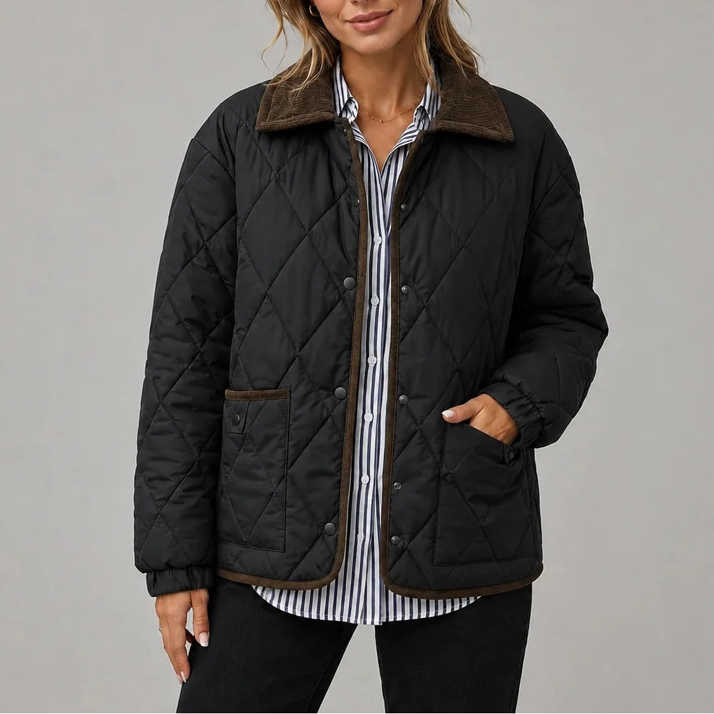Holly | Women's Diamond Quilted Jacket Corduroy Collar Pockets