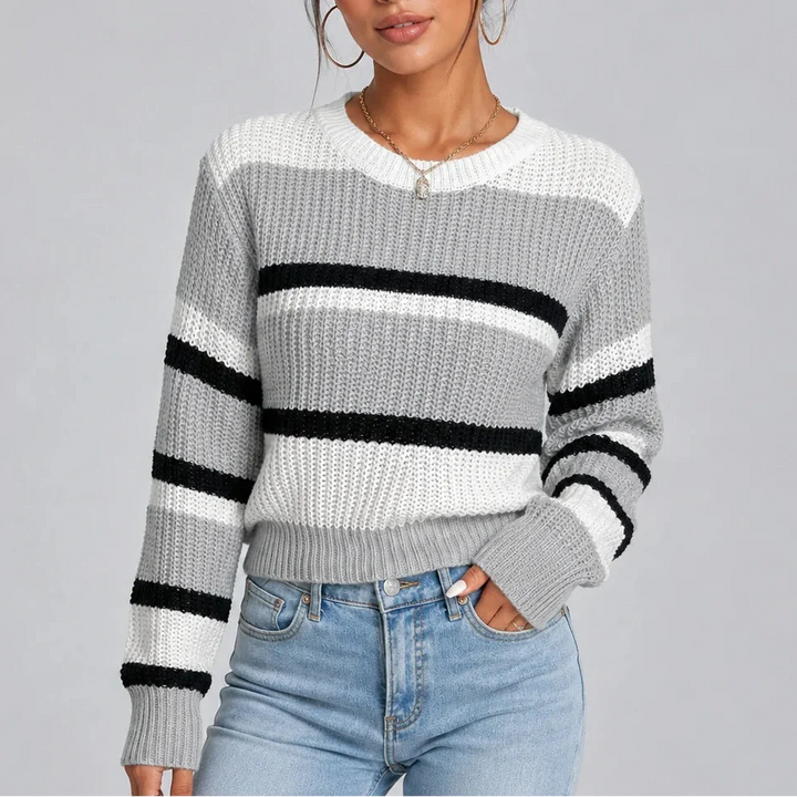 Harriet | Women's Striped Crew Neck Knitted Jumper Ribbed Cuffs
