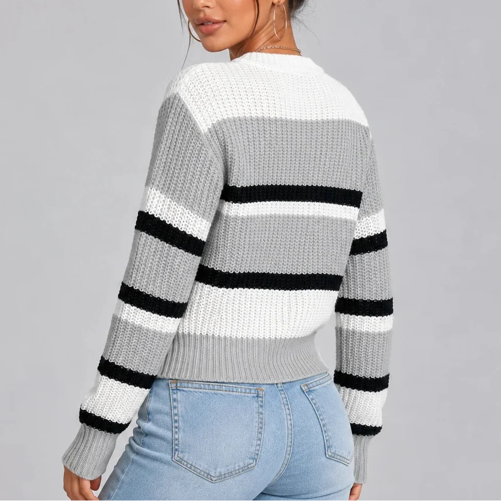 Harriet | Women's Striped Crew Neck Knitted Jumper Ribbed Cuffs