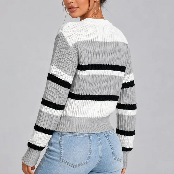 Harriet | Women's Striped Crew Neck Knitted Jumper Ribbed Cuffs