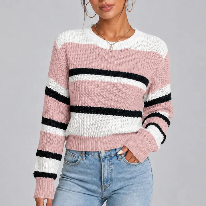 Harriet | Women's Striped Crew Neck Knitted Jumper Ribbed Cuffs