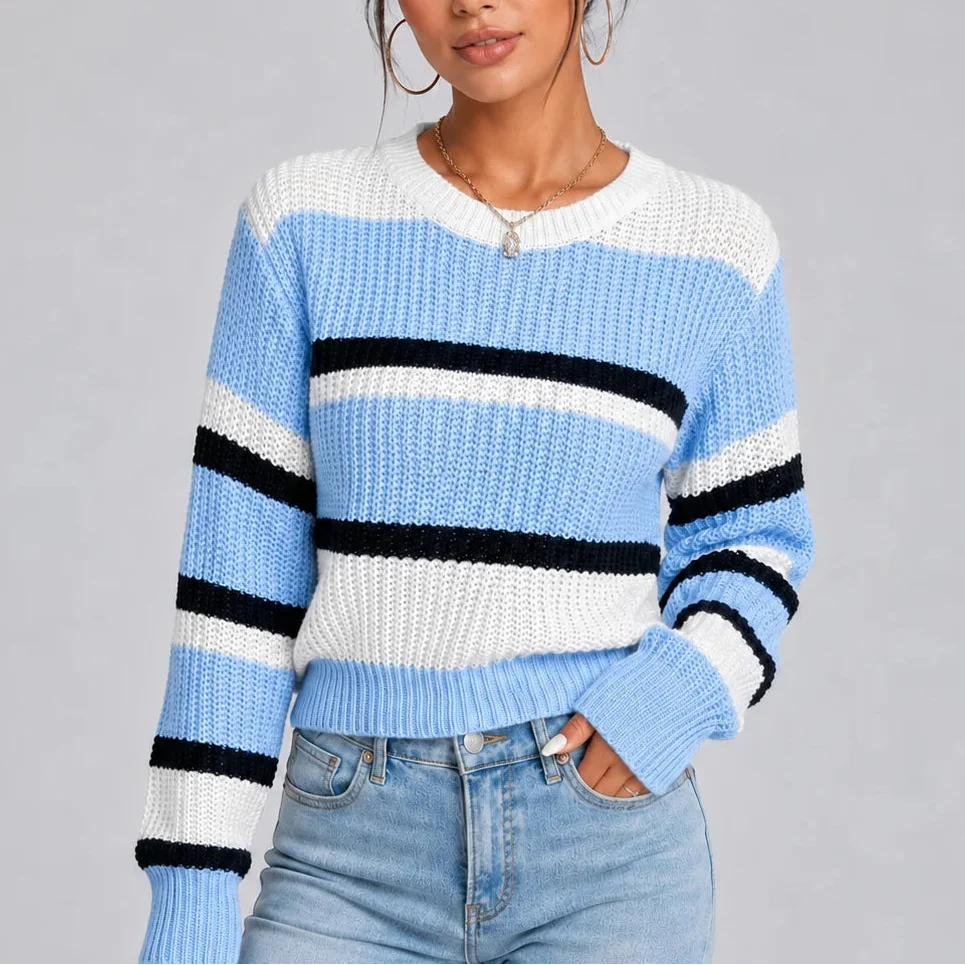 Harriet | Women's Striped Crew Neck Knitted Jumper Ribbed Cuffs