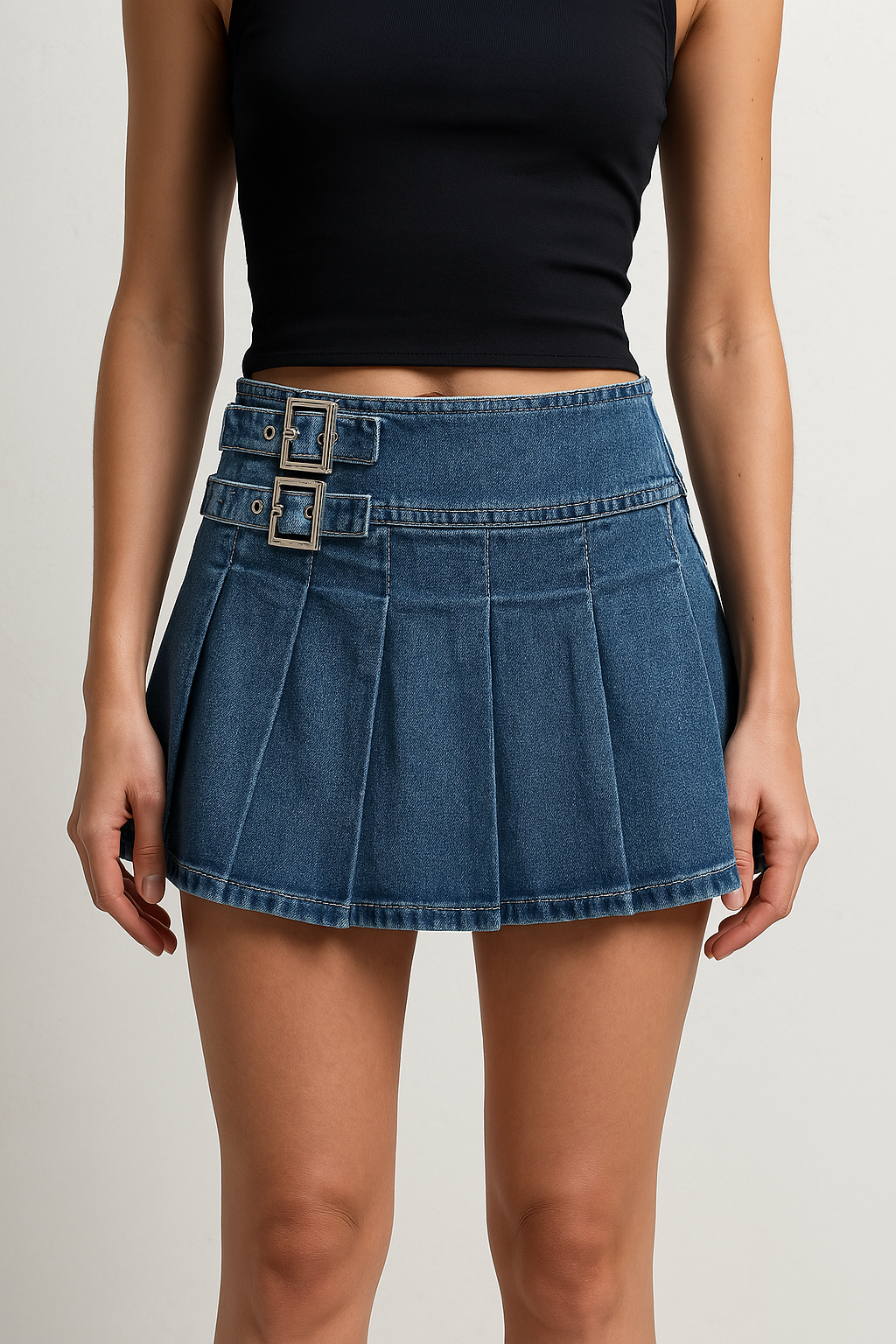 Violetta Buckle Detail Pleated Denim Mini Skirt