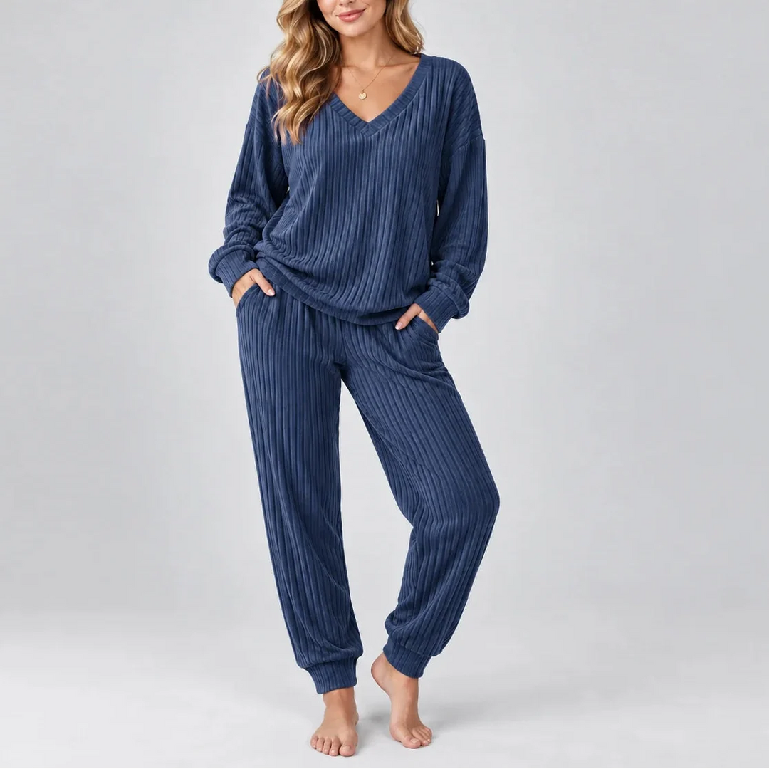 Martha | Women's Ribbed Lounge Set V-Neck Top & Trousers