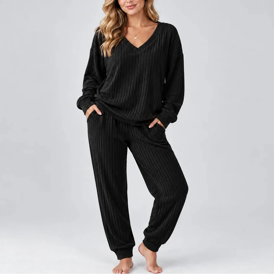 Martha | Women's Ribbed Lounge Set V-Neck Top & Trousers