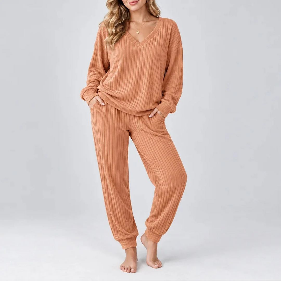 Martha | Women's Ribbed Lounge Set V-Neck Top & Trousers