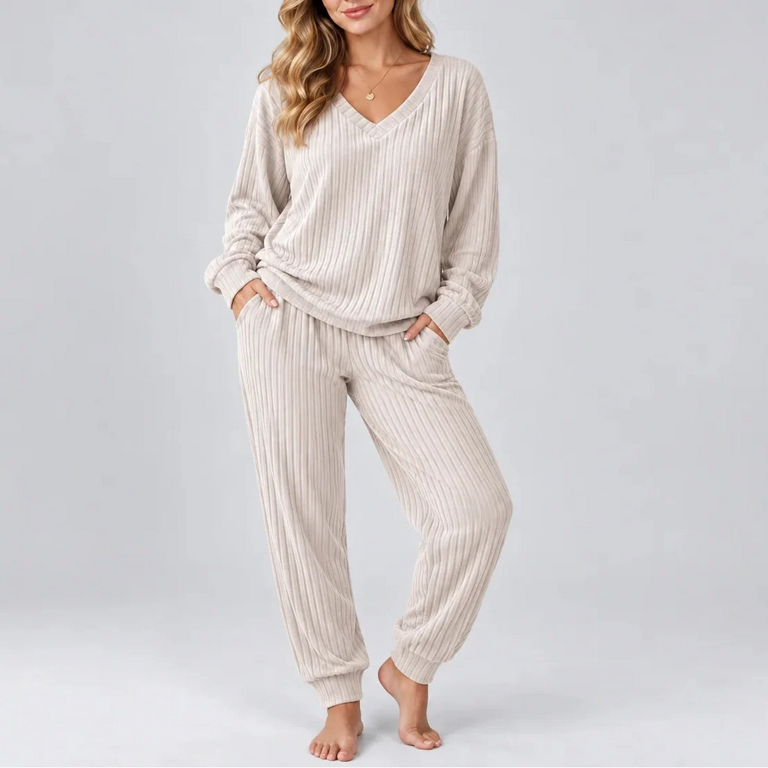 Martha | Women's Ribbed Lounge Set V-Neck Top & Trousers