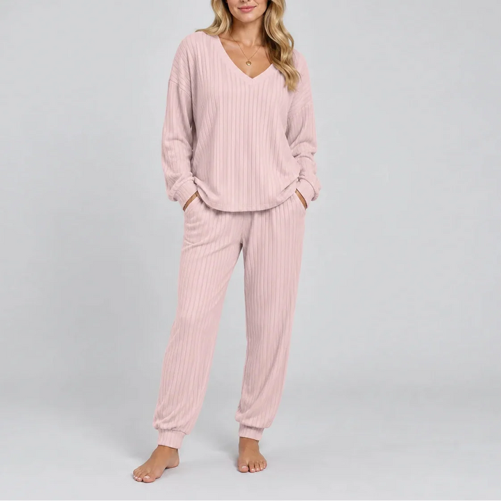 Martha | Women's Ribbed Lounge Set V-Neck Top & Trousers