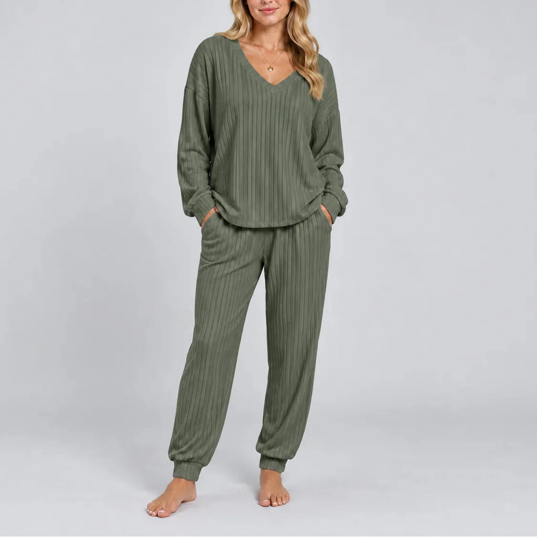 Martha | Women's Ribbed Lounge Set V-Neck Top & Trousers