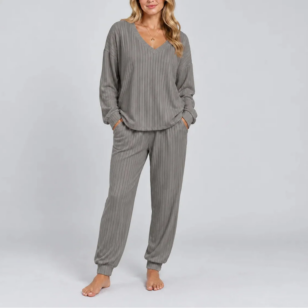 Martha | Women's Ribbed Lounge Set V-Neck Top & Trousers