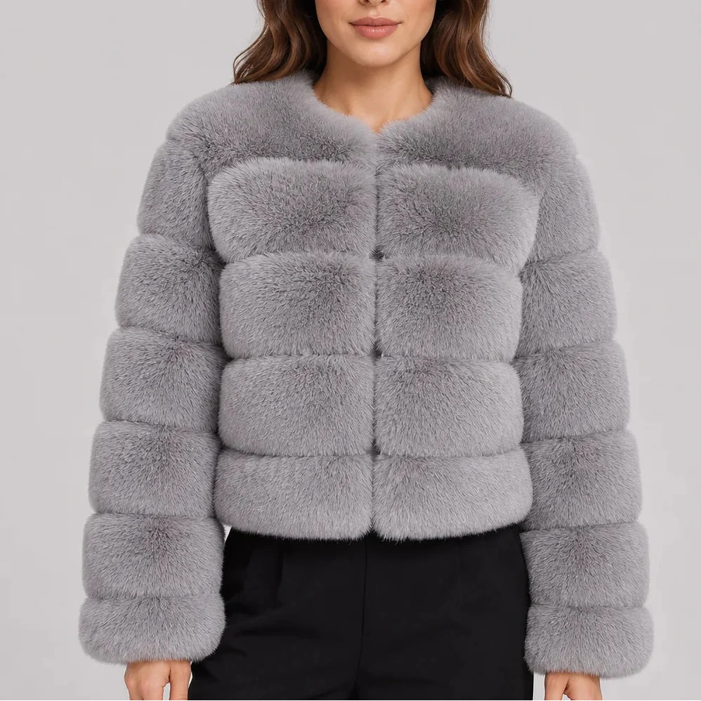 Megan | Women's Cropped Faux Fur Jacket Round Neck Long Sleeves