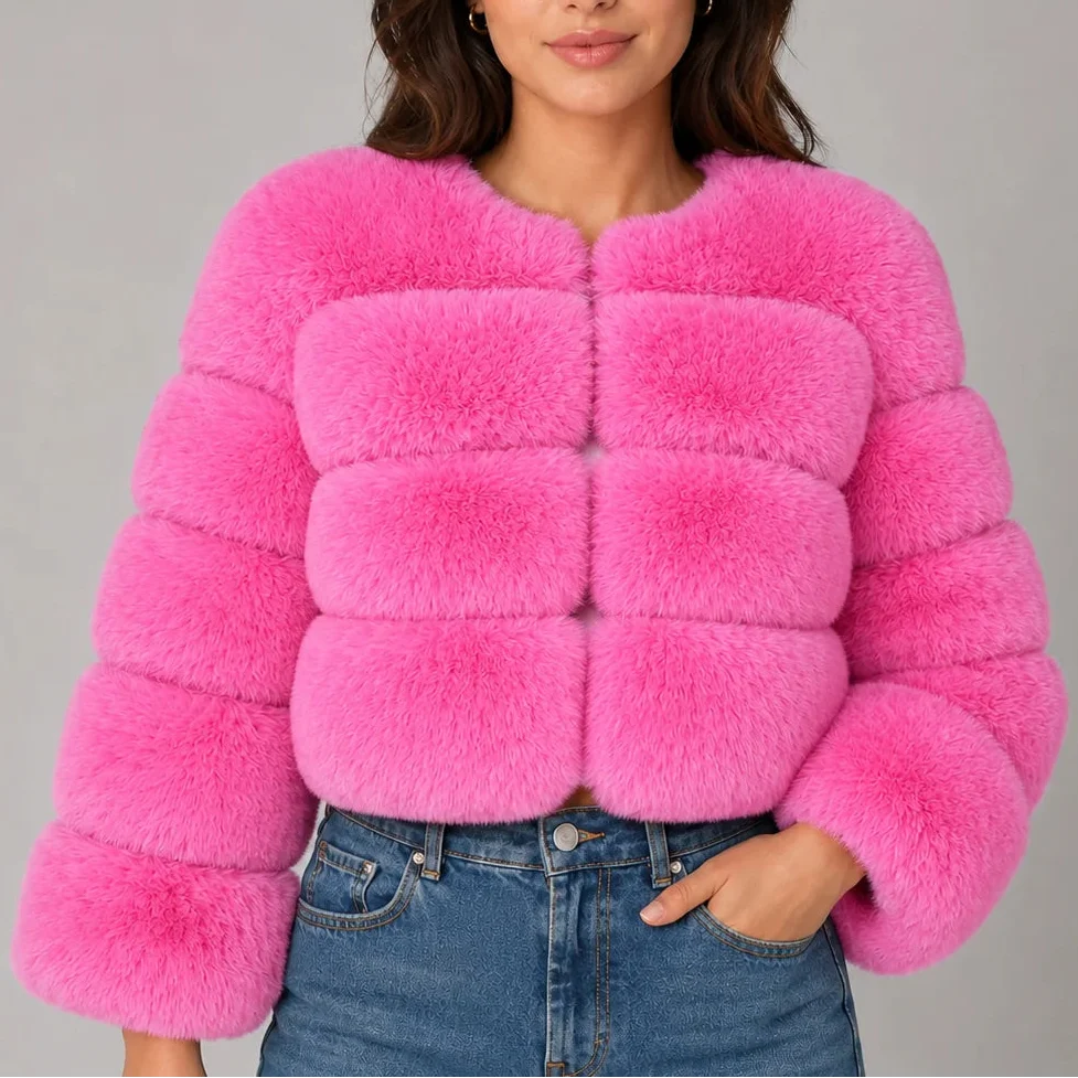 Megan | Women's Cropped Faux Fur Jacket Round Neck Long Sleeves