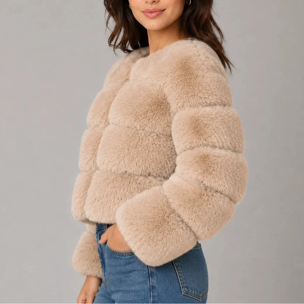 Megan | Women's Cropped Faux Fur Jacket Round Neck Long Sleeves