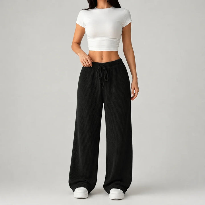 Lucy | Women's Ribbed Wide Leg Lounge Trousers Drawstring Waist