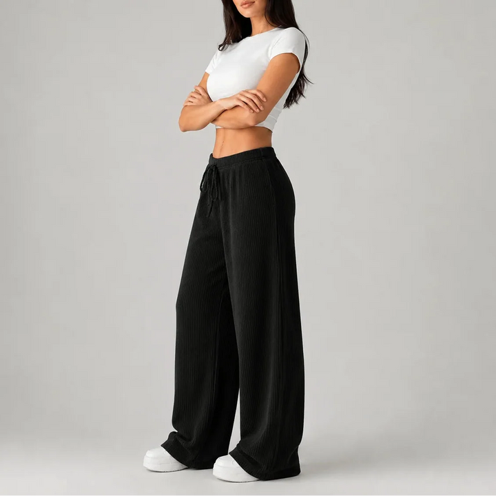 Lucy | Women's Ribbed Wide Leg Lounge Trousers Drawstring Waist