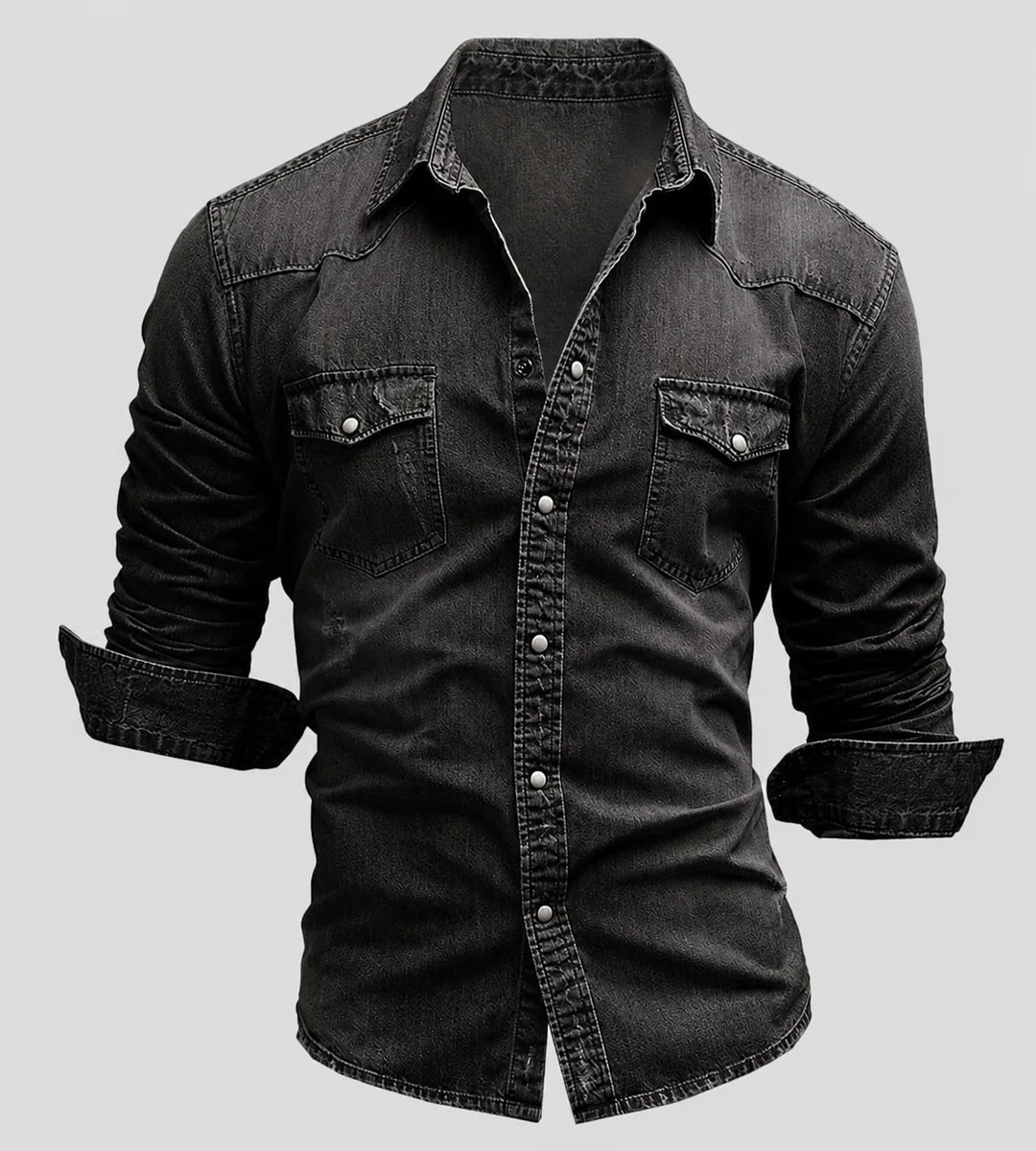 Reuben | Men's Washed Denim Shirt V-Neck Slim Fit Chest Pockets