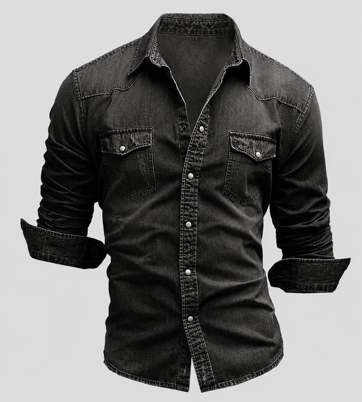 Reuben | Men's Washed Denim Shirt V-Neck Slim Fit Chest Pockets