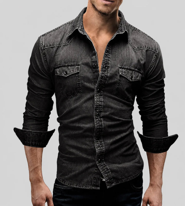 Reuben | Men's Washed Denim Shirt V-Neck Slim Fit Chest Pockets