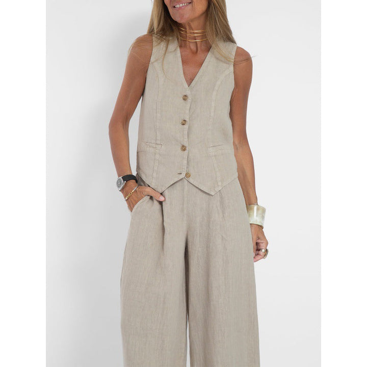 Elena | Elegant Linen Waistcoat Set with Wide Trousers