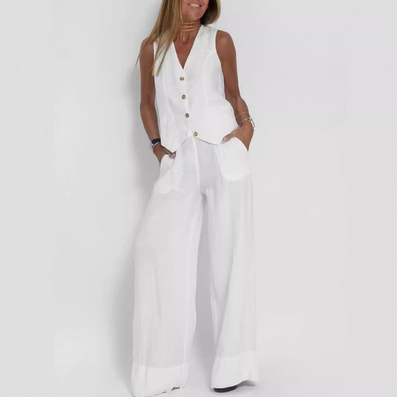 Elena | Elegant Linen Waistcoat Set with Wide Trousers