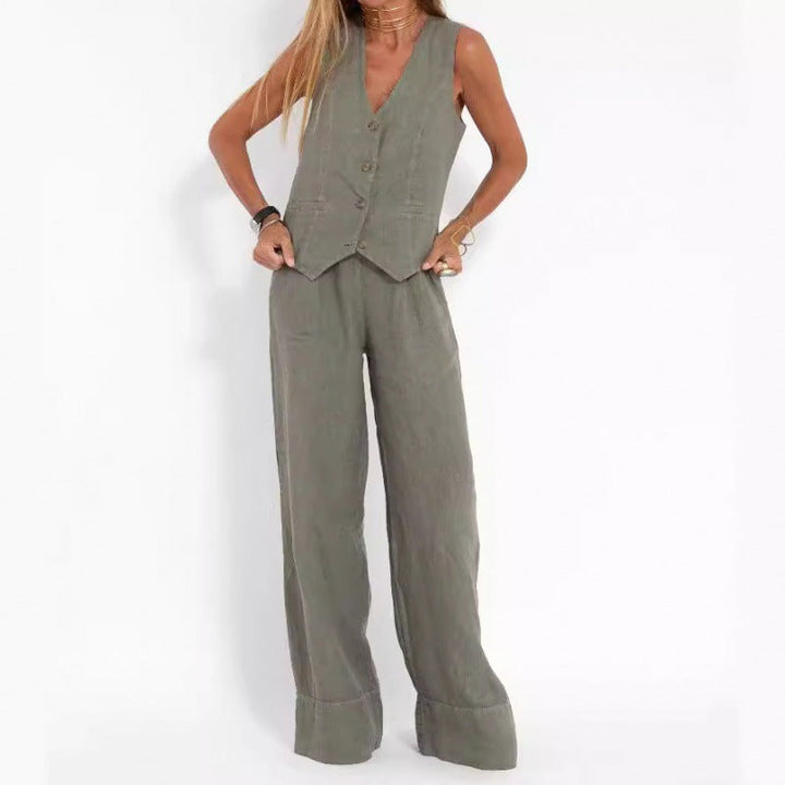 Elena | Elegant Linen Waistcoat Set with Wide Trousers