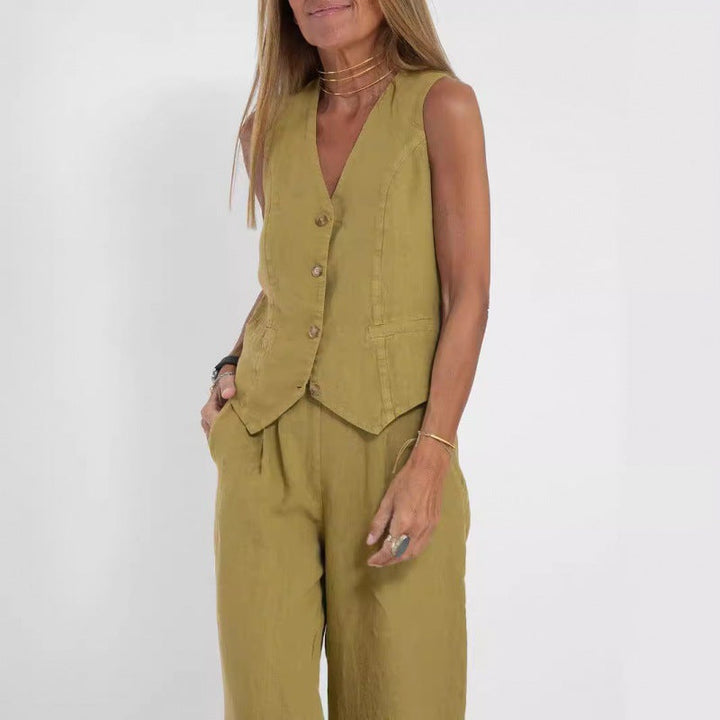 Elena | Elegant Linen Waistcoat Set with Wide Trousers