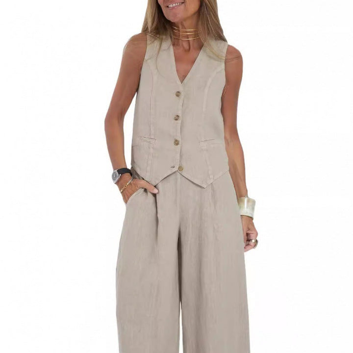 Elena | Elegant Linen Waistcoat Set with Wide Trousers