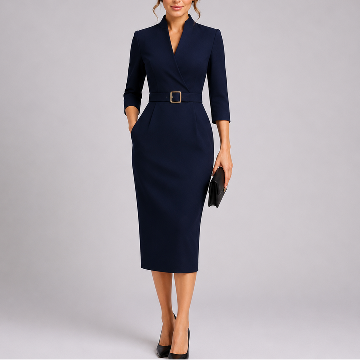 Seraphina | Women's Belted Bodycon Midi Dress V-Neck Long Sleeve