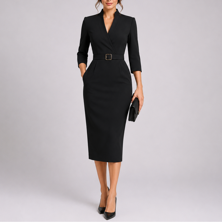 Seraphina | Women's Belted Bodycon Midi Dress V-Neck Long Sleeve