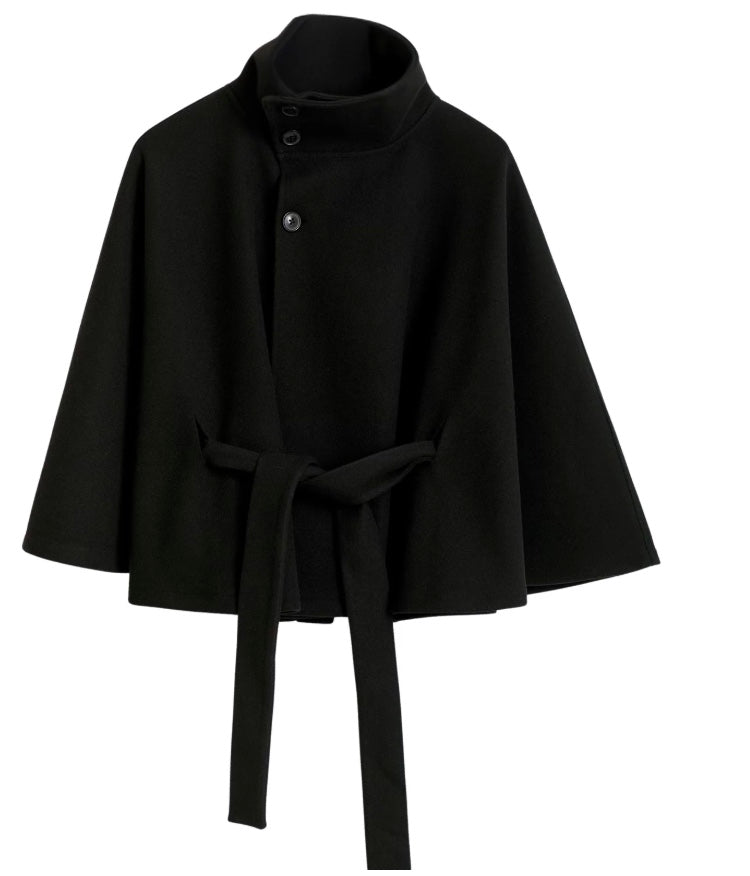 Women’s Belted Cape Coat – High Collar Layer for Autumn and Winter