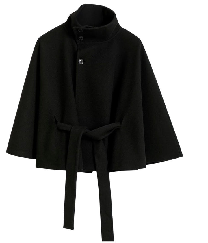 Women’s Belted Cape Coat – High Collar Layer for Autumn and Winter