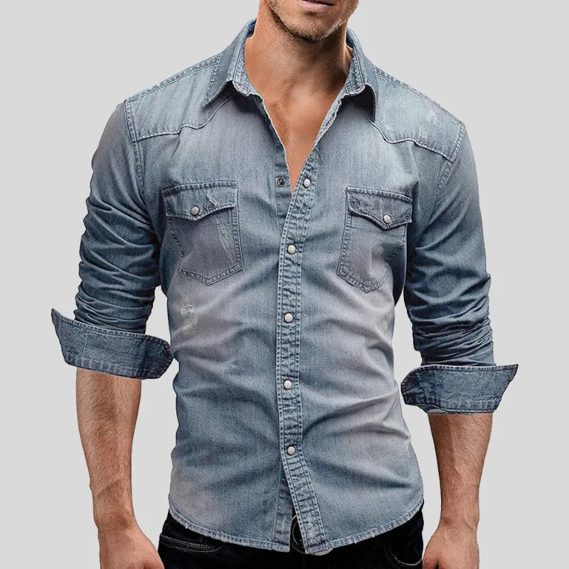 Reuben | Men's Washed Denim Shirt V-Neck Slim Fit Chest Pockets