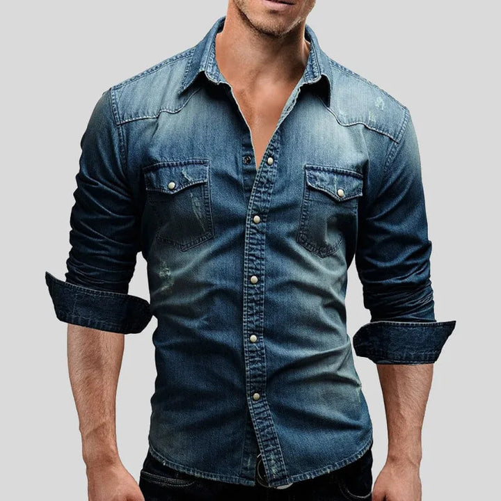 Reuben | Men's Washed Denim Shirt V-Neck Slim Fit Chest Pockets
