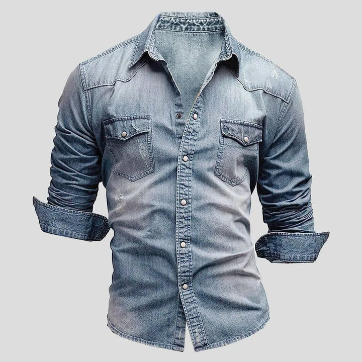 Reuben | Men's Washed Denim Shirt V-Neck Slim Fit Chest Pockets