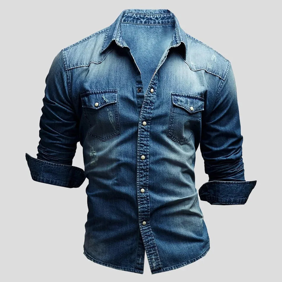 Reuben | Men's Washed Denim Shirt V-Neck Slim Fit Chest Pockets