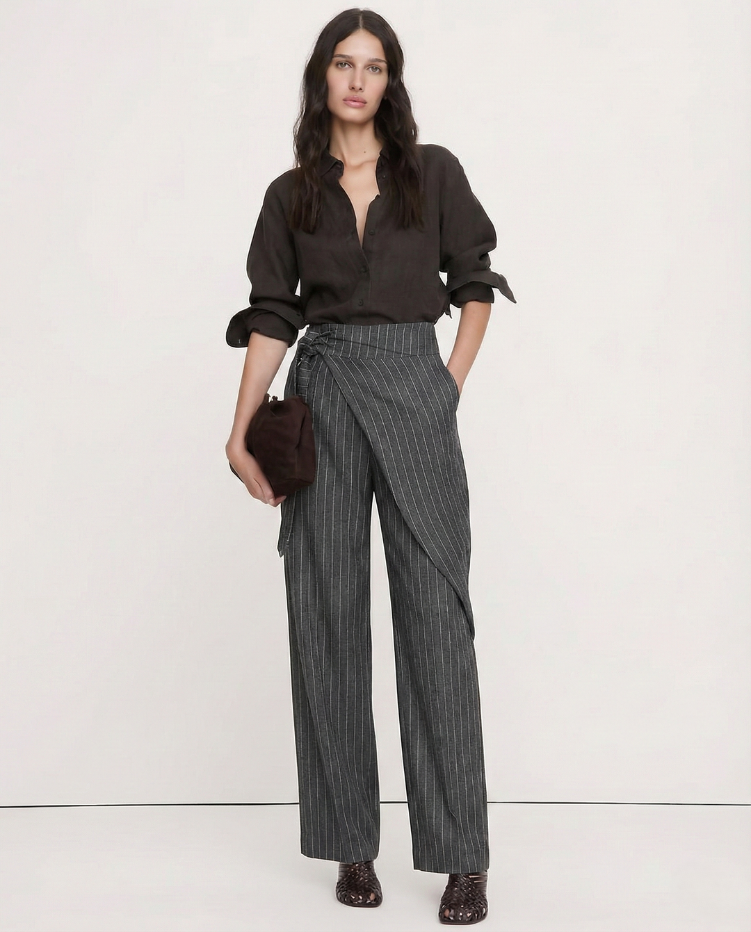 Marcelle High Waist Pinstripe Wrap Trousers